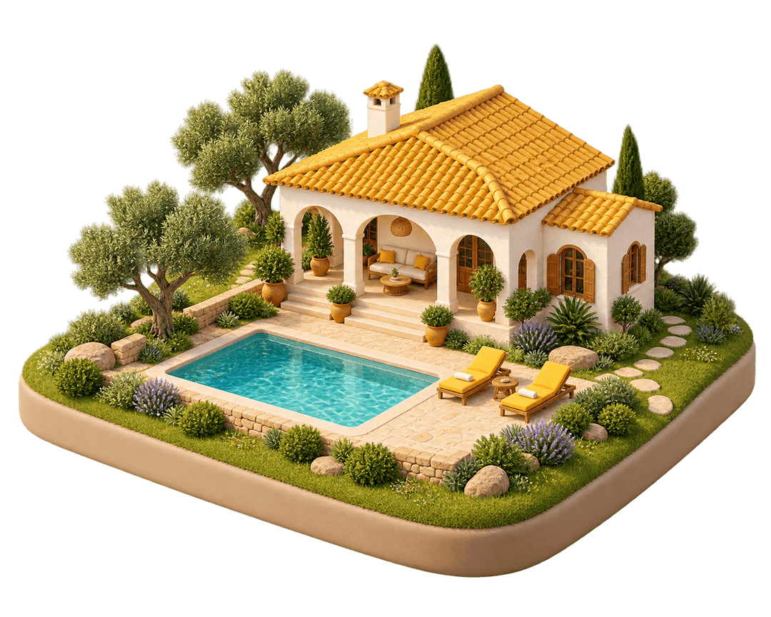 Decorative 3D farmhouse with a yellow roof and a swimming pool